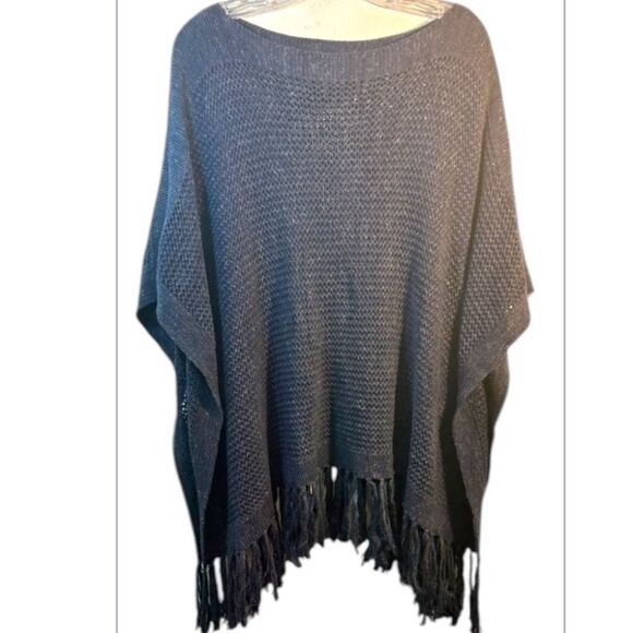 LAUREN RALPH LAUREN JEANS SWEATER LADIES PONCHO S/M BLUE FRINGE EVERYDAY CASUAL - Picture 10 of 10